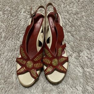 PIKOLINOS Sandia Boho Tan Stitch Red Leather Strappy Wedge Heel Sandals 11.5